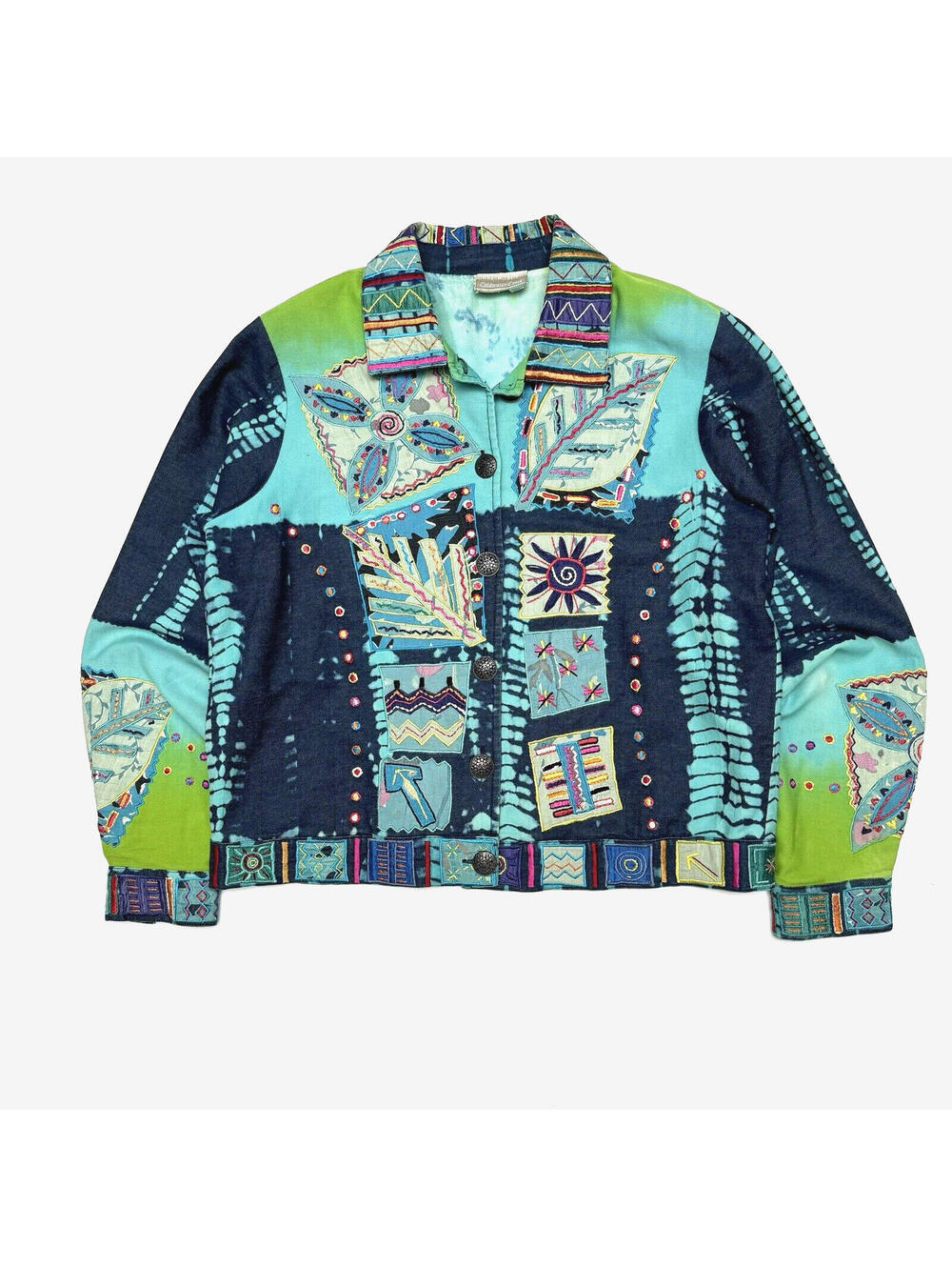 Vtg Coldwater Creek Womens M Embroider Art Patch Work Denim Jean Jacket 90s Y2K